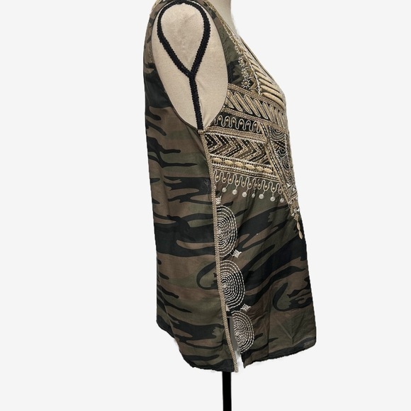 Johnny Was Crochet V Neck Terrazzo and Camo Tank Green Tan Womens size Small - Picture 4 of 8